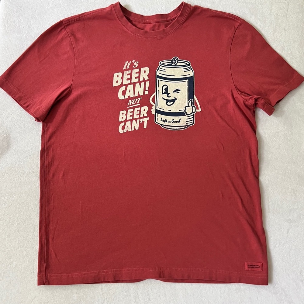 Life is Good NWOT Crusher Tee Red Beer Can Graphic Funny Mens Large